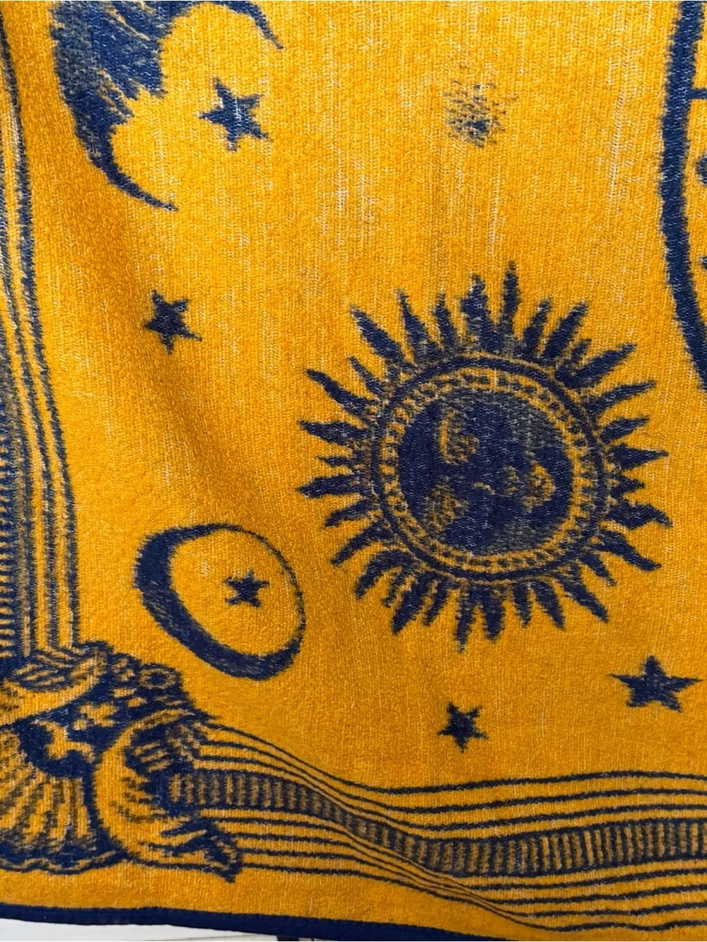 Celestial Zodiac Sun Moon Stars Woven Throw Blanket Mustard Yellow Blue